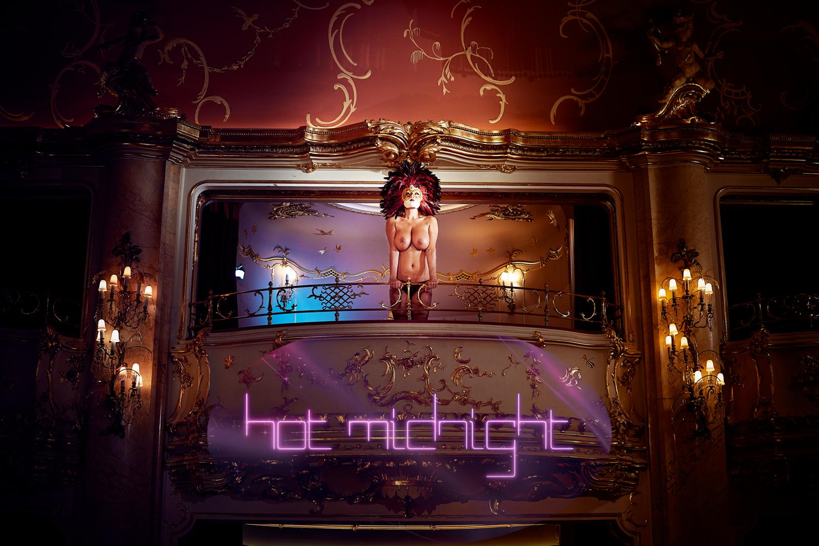 Hot Midnight — masked model on a gilded theatre balcony